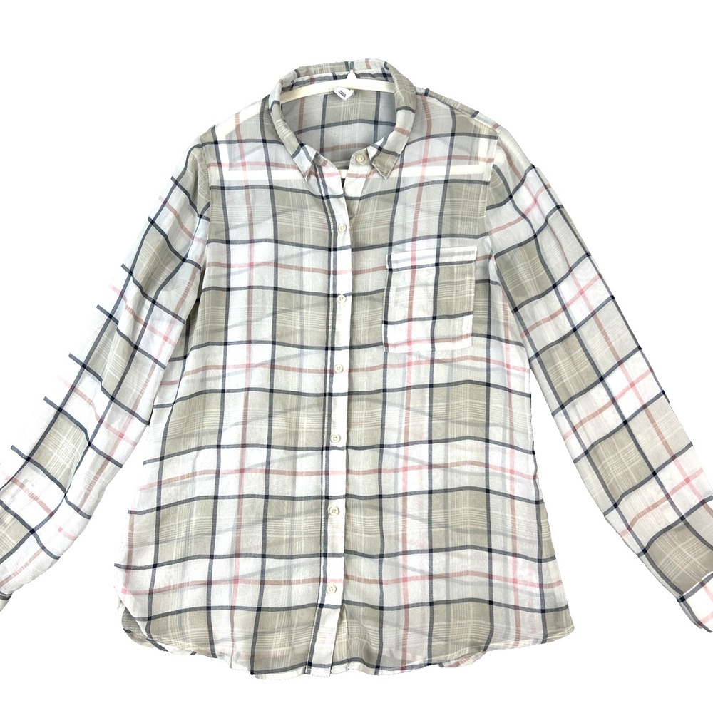OLD NAVY Women's Blouse Medium Plaid Sheer Lightweight Button Up Shirt